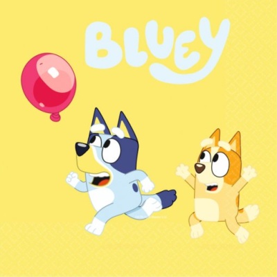 Imagem amarela com cães animados e texto BLUEY