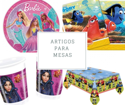 Artigos para mesa infantis com tema Barbie, Disney e Finding Dory
