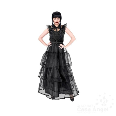 Vestido preto comprido com camadas transparentes e folhos