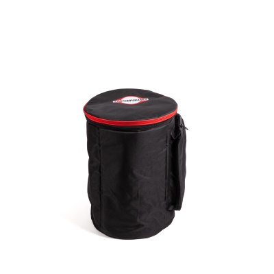 Mala preta cylindrical com fecho vermelho e texto CONTEMPORÂNEA no topo