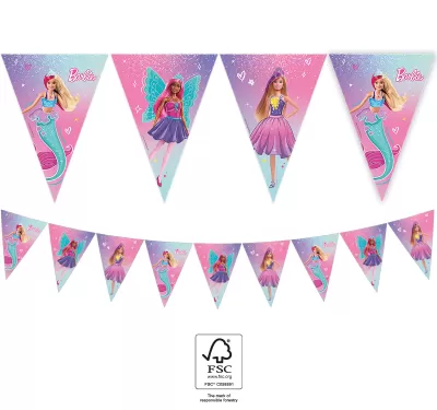 Bandeirola festiva triangular com imagens da Barbie em cores rosa, lilás e azul