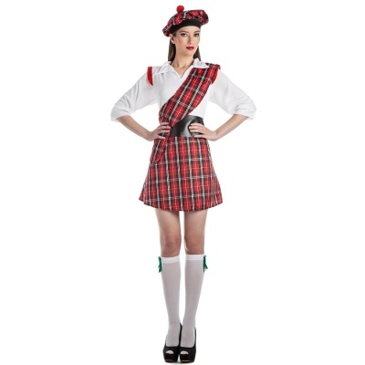 Fato feminino escocês xadrez vermelho com blusa branca e chapéu