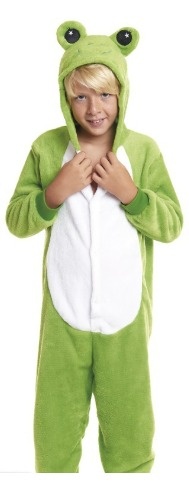 Fato halo de rã em pelúcia verde com barriga branca e olhos na capuz