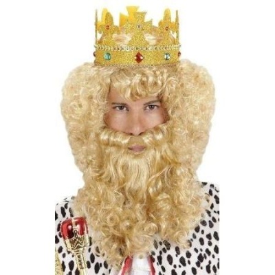 Conjunto fantasia com peruca encaracolada loira, barba, coroa amarela com joias e manto branco com manchas pretas