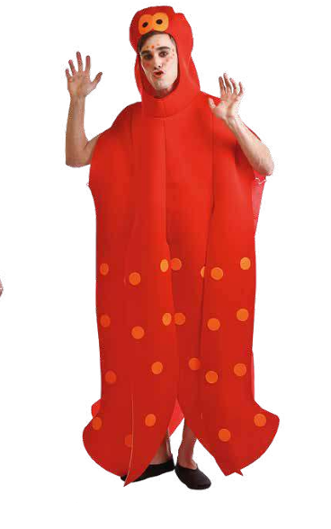 Homem com fato vermelho de polvo com bolinhas laranja em fundo branco