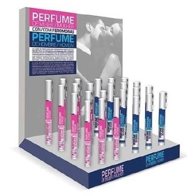 Expositor de perfumes rosa e azul para homem e mulher com caixa cinzenta com imagem de casal