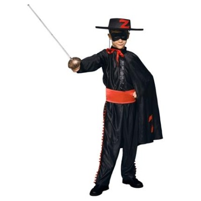 Fato infantil preto com detalhes vermelhos estilo Zorro com capa, chapéu, máscara e espada.