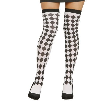 Meias acima do joelho pretas e brancas com padrão quadriculado