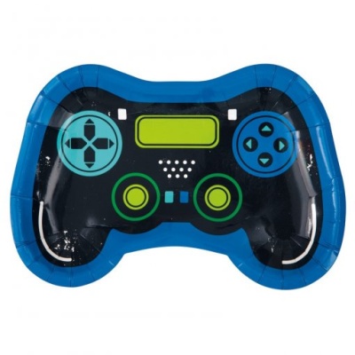 Prato descartável formato comando videojogo azul e preto