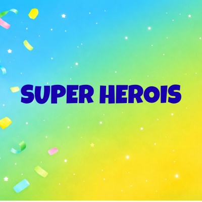 Texto SUPER HEROIS em fundo colorido com confete