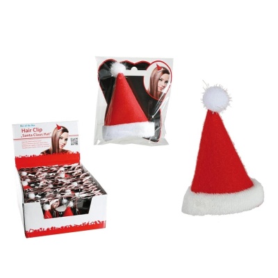 Mini chapéu vermelho e branco de Natal para clipe de cabelo, com borda e pompom brancos