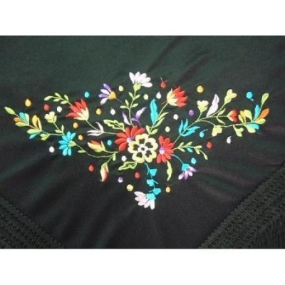 Lenço preto com bordado floral colorido e borda em renda preta