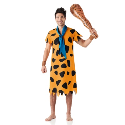 Fantasia homem vestido laranja manchado e clava simulada