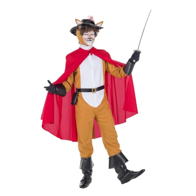 Pessoa vestida com fato de gato e capa vermelha, segurando espada