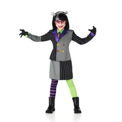 Criança com fato de Halloween com casaco risca de giz cinza e preto, leggings coloridas, luvas e botas pretas.