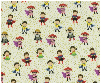 Tecido com padrão de crianças vestidas como super-heróis coloridos e estrelas douradas no fundo