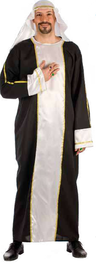 Fantasia árabe masculina com túnica preta e branca, lenço de cabeça branco e anel verde