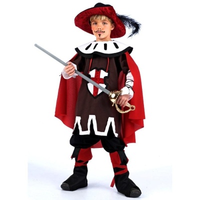 Fato infantil de mosqueteiro preto, vermelho e branco com espada