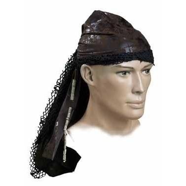 Lenço castanho com rede preta e detalhes prateados numa cabeça de manequim