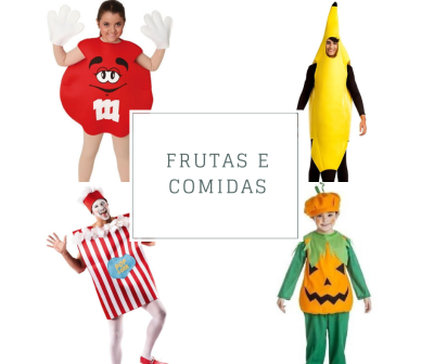 Fatos temáticos de frutas e comidas com quatro pessoas e cartaz central com texto