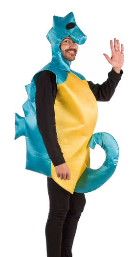 Homem vestido com fantasia insuflável azul e amarela de cavalo-marinho