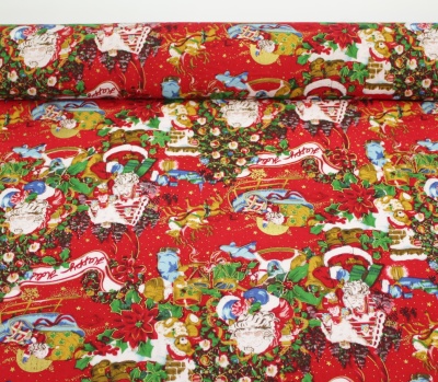 Tecido natalício vermelho com estampado de Pai Natal e elementos festivos