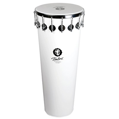 Timbal branco com pele prateada e logo Timbra