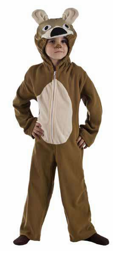 Macacão castanho de criança com capuz animal e detalhes bege