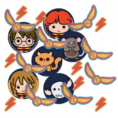 Autocolantes de personagens cartoon coloridos e pequenos símbolos amarelos e laranja.