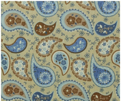 Tecido bege com padrão abstrato azul e castanho.