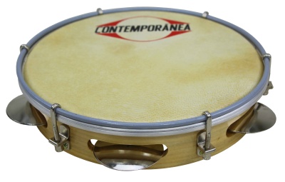 Pandeiro com armação de madeira e pele sintética bege com marca CONTEMPORÂNEA