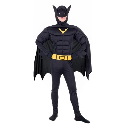 Fato de super-herói preto com capa e máscara