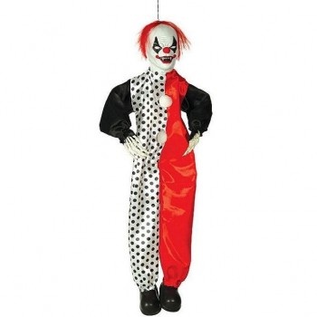 Figura decorativa de palhaço com traje vermelho e preto com bolinhas.