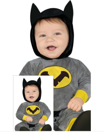 Fato de bebé cinzento com capuz preto e orelhas, logotipo amarelo e preto no peito