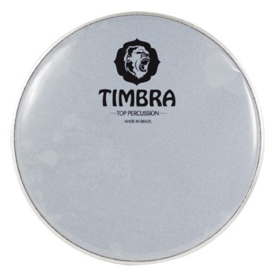 Pele de tambor cinza claro com logotipo e texto