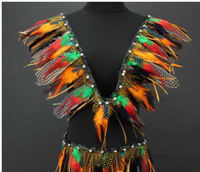 Vestido com penas coloridas e pedras brilhantes num manequim preto