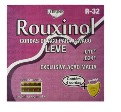 Embalagem rosa de cordas para cavaquinho Rouxinol R-32 com texto e imagem do brinde