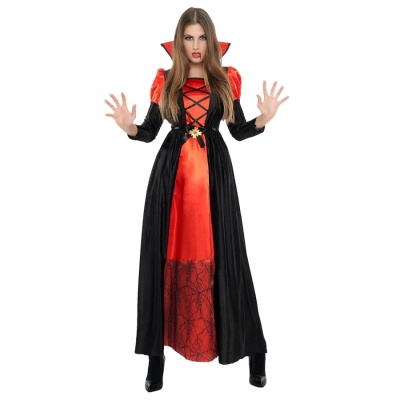Vestido de fantasia longo vermelho e preto com padrão de teia de aranha