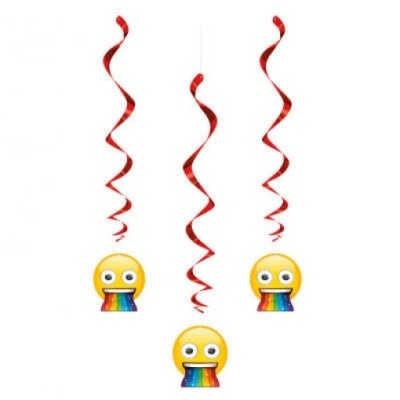 Decorações penduradas com espirais vermelhas e emojis a vomitar arco-íris