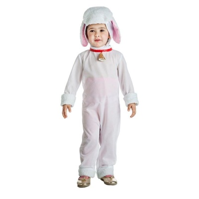 Fato de ovelha branco e rosa claro com textura felpuda e chapéu com orelhas