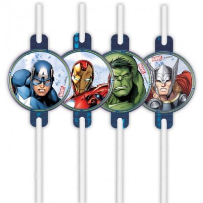 Palhinhas com decoração dos personagens Marvel Capitão América, Homem de Ferro, Hulk e Thor
