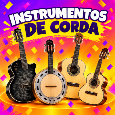 Quatro instrumentos de corda sobre fundo colorido com texto INSTRUMENTOS DE CORDA