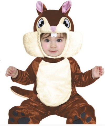 Fato de fantasia para bebé de esquilo, castanho e bege, capuz com rosto e orelhas.