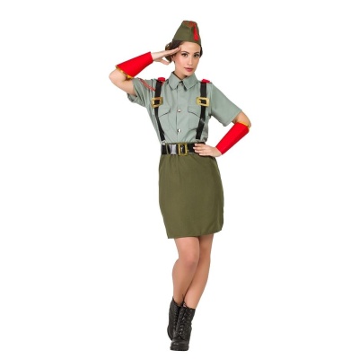 Uniforme militar feminino com saia verde olive, camisa cinza, tirantes pretos, gorro verde com estrela vermelha, luvas vermelhas e botas pretas.