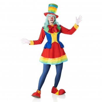 Fato de palhaço feminino colorido completo com chapéu e sapatos grandes