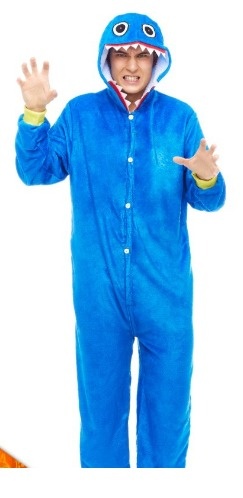 Pijama integral azul com capuz de animal e punhos amarelos