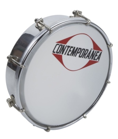 Pandeiro metálico com pele branca e logotipo CONTEMPORÂNEA