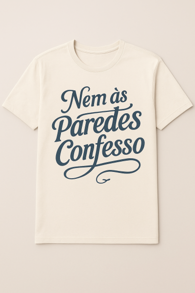 T-shirt creme com texto azul escuro Nem às Paredes Confesso.