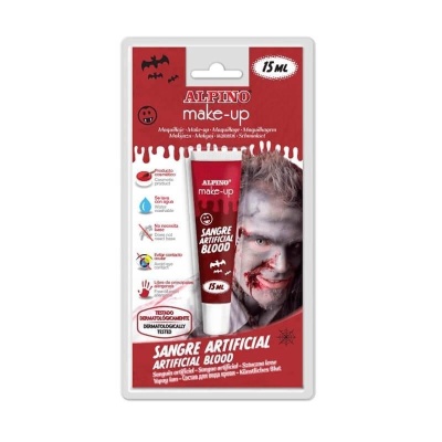 Produto Alpino make-up sangue artificial, embalagem vermelha e branca com tubo e imagem de zumbi
