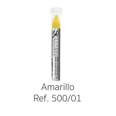 Bastão de maquilhagem amarelo Skarel com rótulo prateado